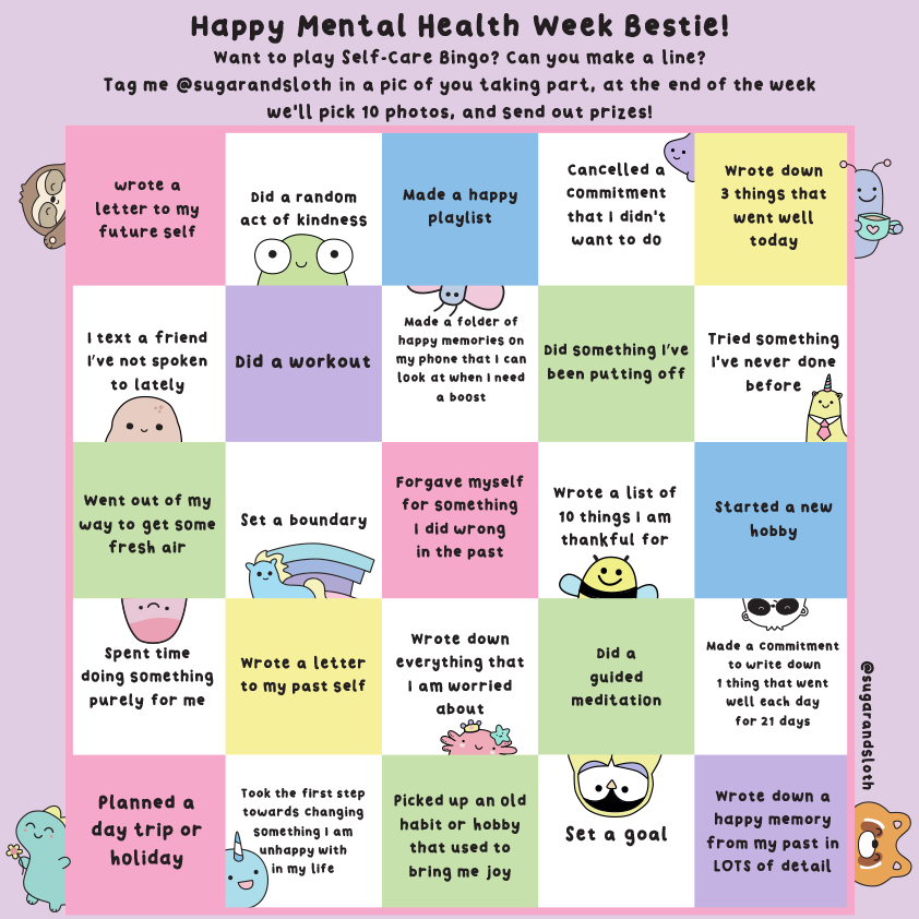 Let's play Mental Health Week Self-Care Bingo! – Sugar and Sloth