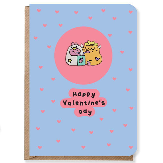 Happy Valentine's Day, Chonky Cow and Chicken Enamel Pin Valentine's Day Card