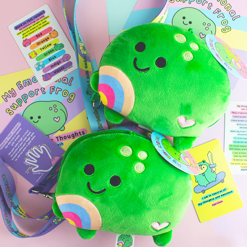 Set of Two Emotional Support Frog Zip Plushies: Calm & Happy